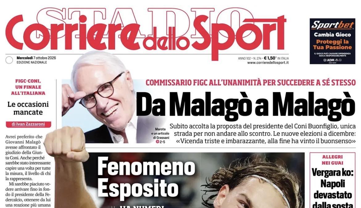 T'amo Pio Bobo: Esposito autorizza bei paragoni. L'Arsenal... Il Corriere dello Sport in prima pagina