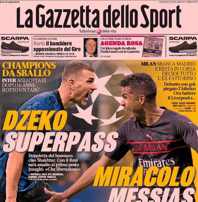 L'apertura de La Gazzetta dello Sport: "Dzeko superpass"