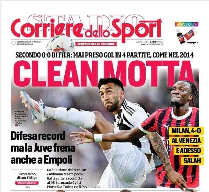 La prima pagina del Corriere dello Sport: "Clean Motta, l'Inter cerca l'accoppiata"