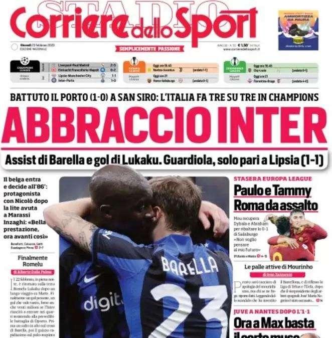 L'apertura del Corriere dello Sport: "Abbraccio Inter"