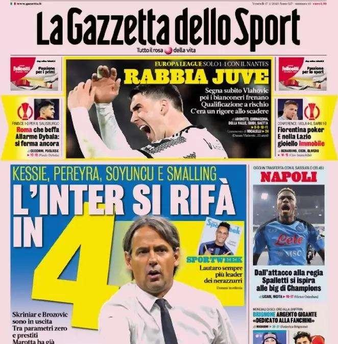 La prima pagina della Gazzetta dello Sport: "L'Inter si rifà in 4"