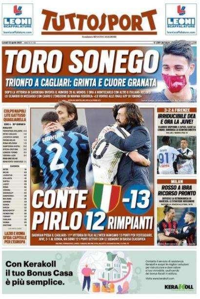 L'apertura di Tuttosport: "Conte-Pirlo, 12 rimpianti"