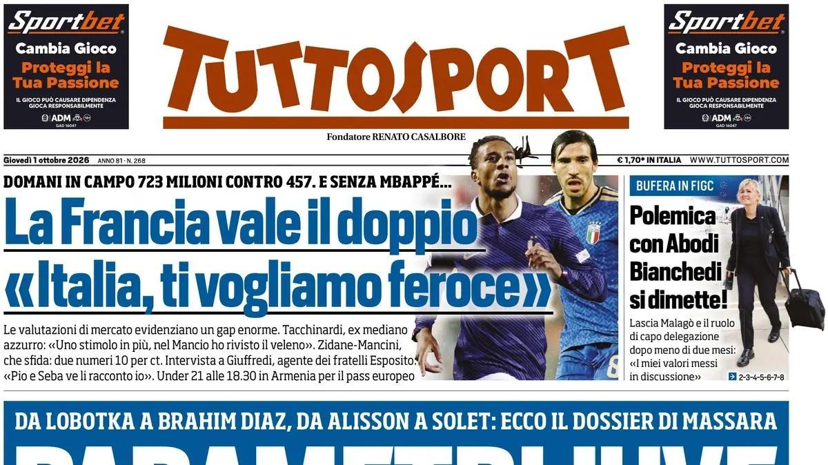 "Domani in campo 723 milioni contro 457. La Francia vale il doppio": la prima pagina di TuttoSport