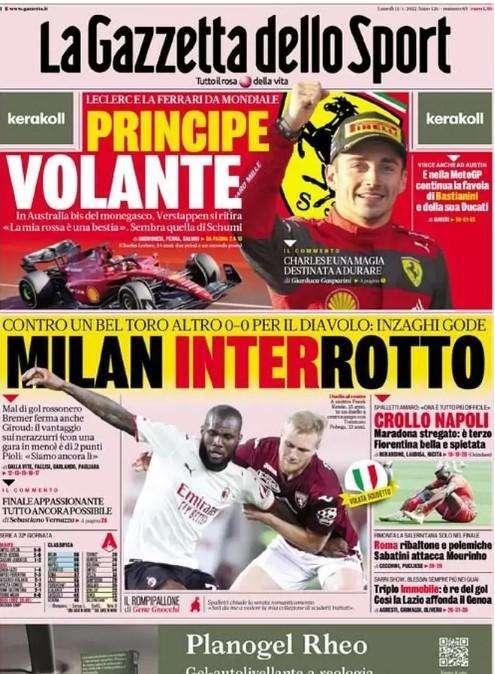L'apertura de La Gazzetta dello Sport: "Milan Inter-rotto"