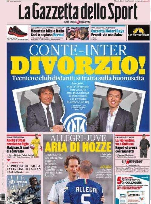 L'apertura de La Gazzetta dello Sport: "Conte-Inter: divorzio!"