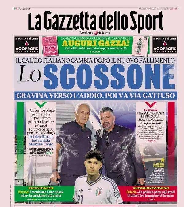 "Bastoni, l'espulsione è uno shock. Inter, la cessione è più vicina. L'Italia vota Allegri": le prime pagine del 2 aprile