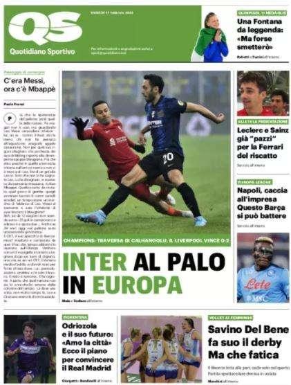 QS in prima pagina dopo la sconfitta: "Inter al palo in Europa"