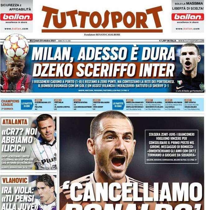 Tuttosport in apertura: "Milan, adesso è dura. Dzeko, sceriffo Inter"