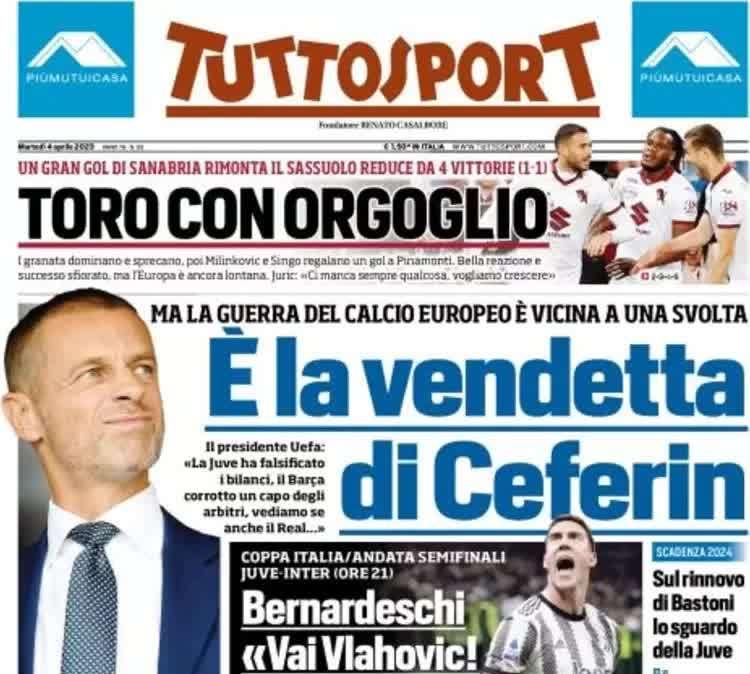 Tuttosport, in apertura le parole di Ceferin: vendetta contro Juve e Barça