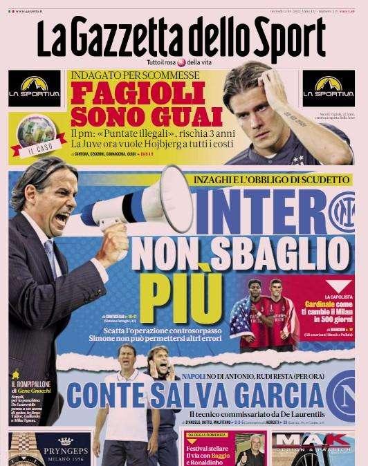 La Gazzetta dello Sport intitola: "L'Inter non può più sbagliare, Inzaghi ha l'obbligo Scudetto"