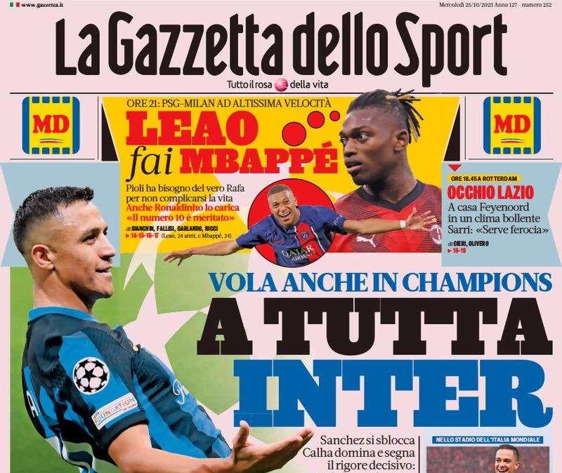 La Gazzetta dello Sport in apertura: "A tutta Inter. I nerazzurri volano anche in Champions"