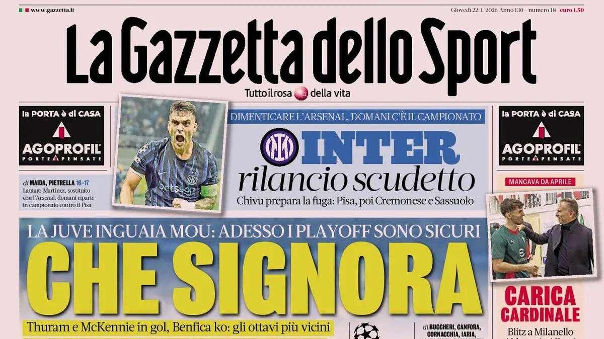 "Che Signora. Inter, rilancio Scudetto. Chivu prepara la fuga: Pisa, poi Cremonese e Sassuolo": la prima pagina de La Gazzetta dello Sport
