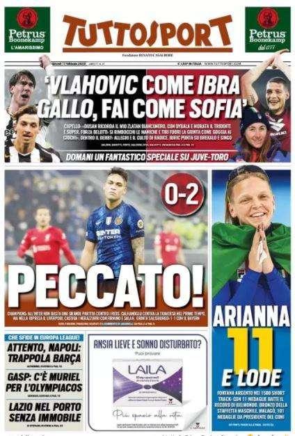 La prima pagina di Tuttosport su Inter-Liverpool: "Peccato!