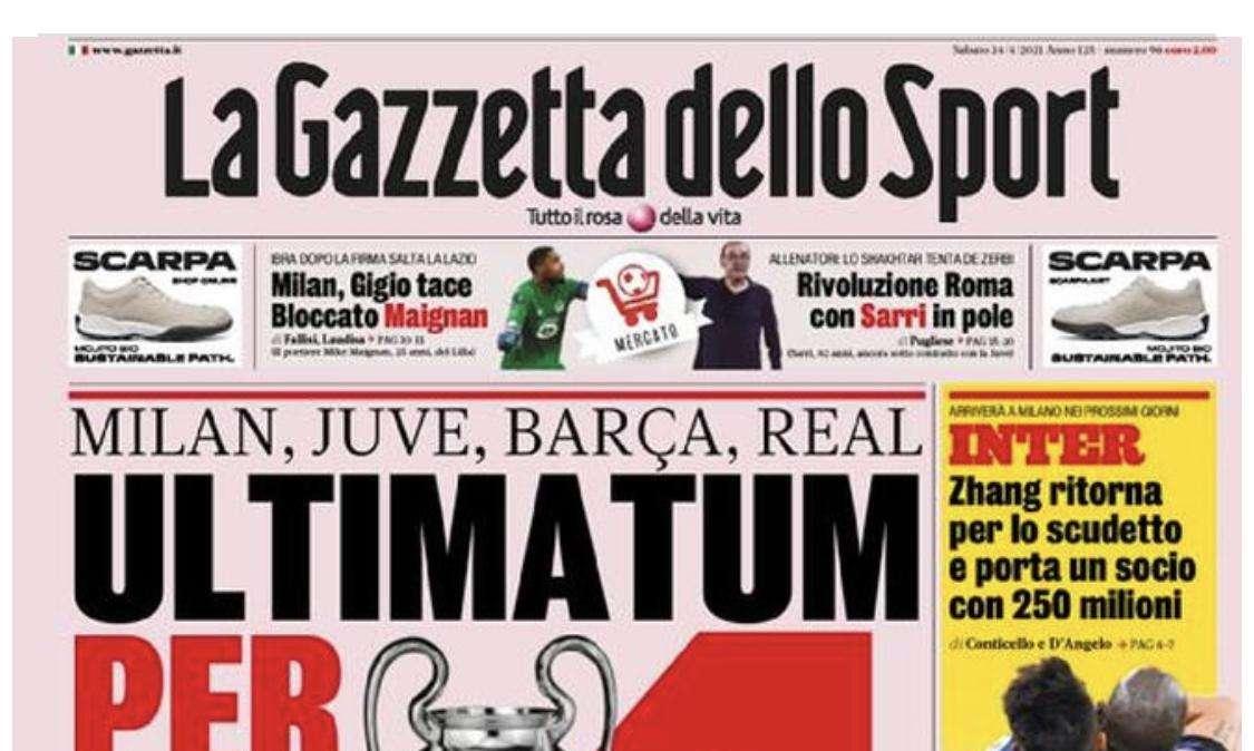 L'apertura de La Gazzetta dello Sport: "Zhang ritorna e porta un socio da 250 milioni"