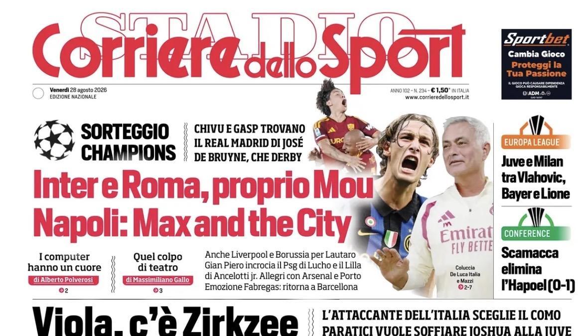 "Inter e Roma proprio Mou! Viola c'è Zirkzee, ha vinto Kean" , la prima pagina del Corriere dello Sport