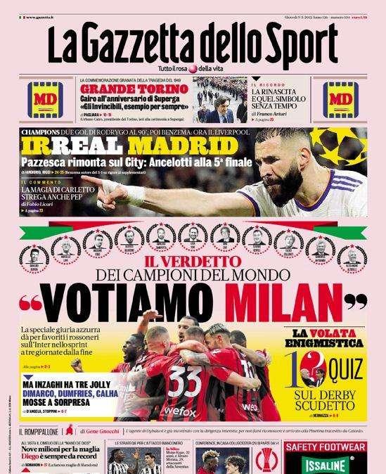 L'apertura della Gazzetta con il verdetto dei Campioni del Mondo: "Votiamo Milan"