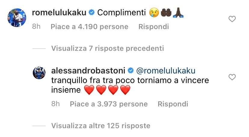 Lukaku a Bastoni: "Complimenti". Il difensore: "Tra poco torniamo a vincere insieme"