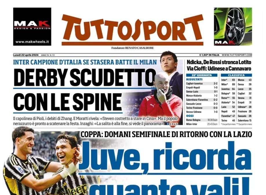 Tra Pioli al capolinea e i debiti di Zhang: derby scudetto con le spine. La prima pagina di Tuttosport