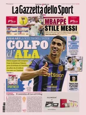 "Khalaili la scelta dell'Inter, Colpo d'ala" La prima pagina delle Gazzetta dello Sport
