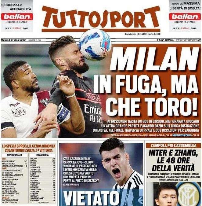 Tuttosport in apertura: "Inter e Zhang, le 48 ore della verità"