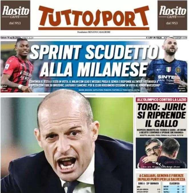 La prima pagina di Tuttosport: "Sprint scudetto alla milanese"