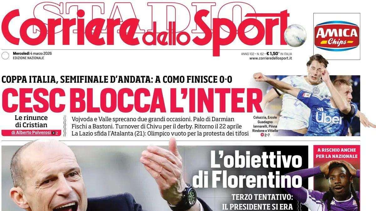 "Cesc blocca l'Inter! A Madrid torna di moda Max", la prima pagina del Corriere dello Sport