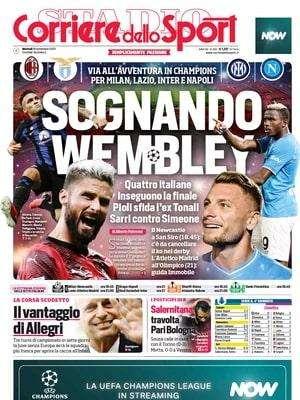 Comincia la Champions per le quattro italiane. Il Corriere dello Sport in apertura: "Sognando Wembley"