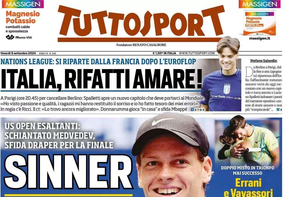 "Italia, fatti riamare". Tuttosport in prima pagina sulla sfida alla Francia in Nations League