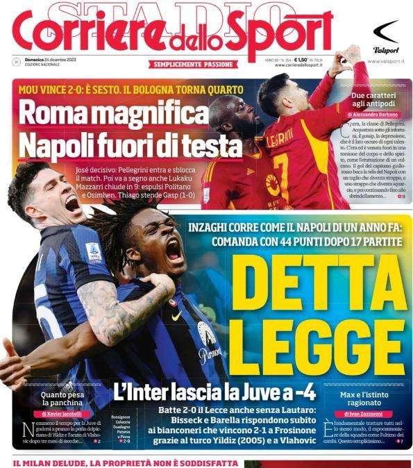 L'Inter come il Napoli di un anno fa, Inzaghi detta legge: le prime pagine di domenica 24 dicembre