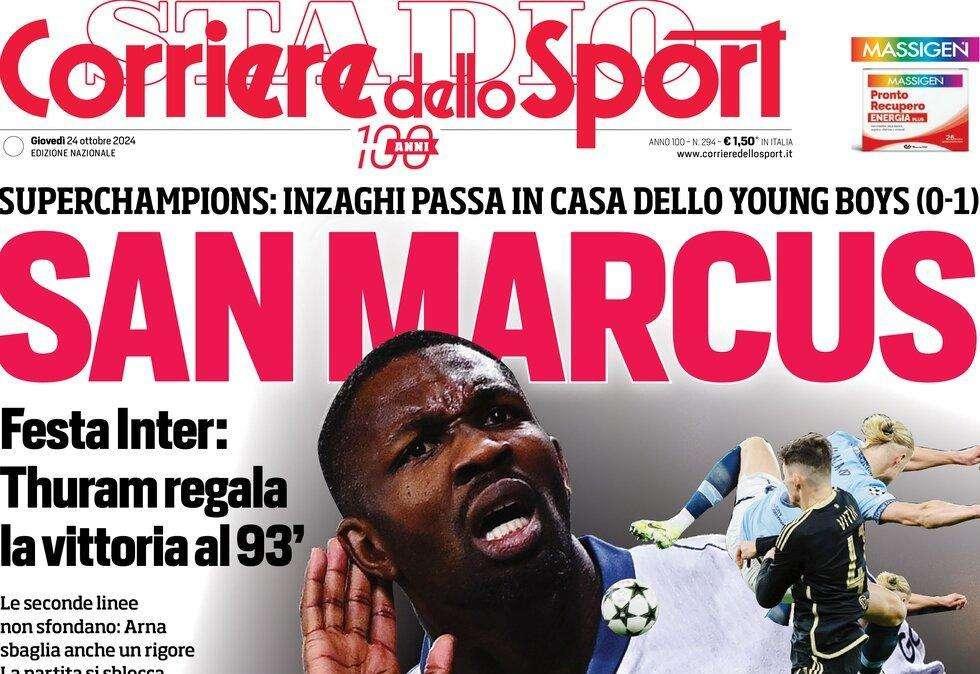 Festa Inter con San Marcus, Inzaghi a -2 dalla vetta. La prima pagina del Corriere dello Sport