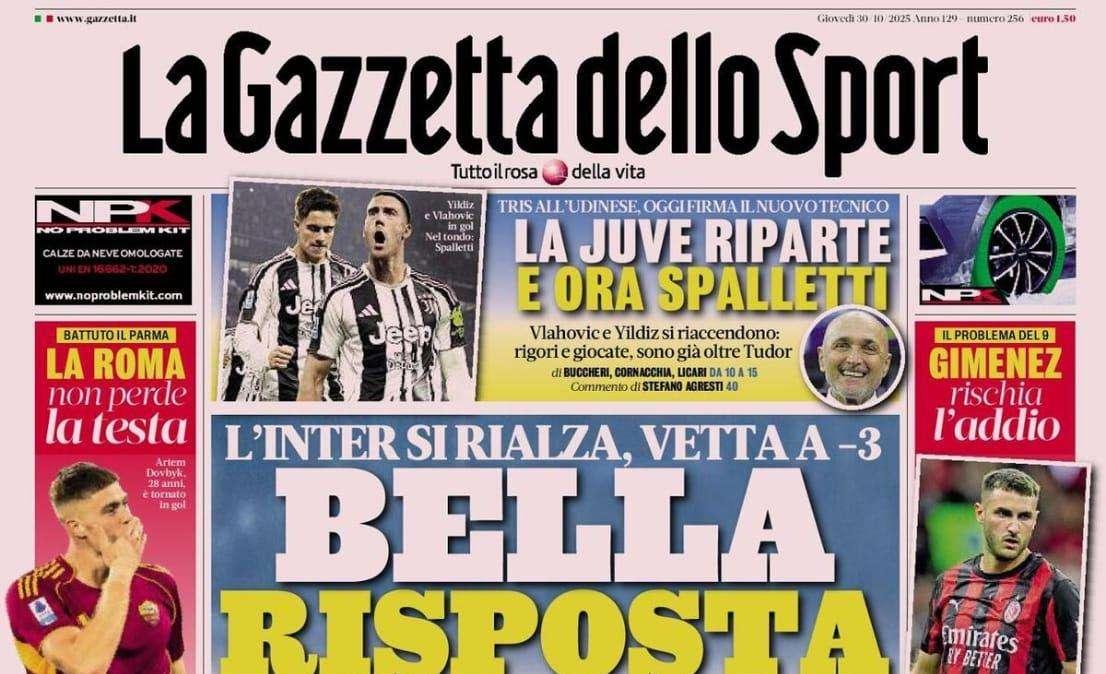 "Bella risposta. L'Inter si rialza, vetta a -3. Juve, ora Spalletti", la prima pagina de La Gazzetta dello Sport
