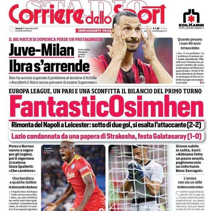 Il Corriere dello Sport in prima pagina: "Juve-Milan, Ibra si arrende"