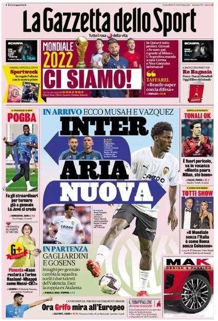 La prima pagine de La Gazzetta dello Sport - "Inter, aria nuova. Ecco Musah e Vazquez"