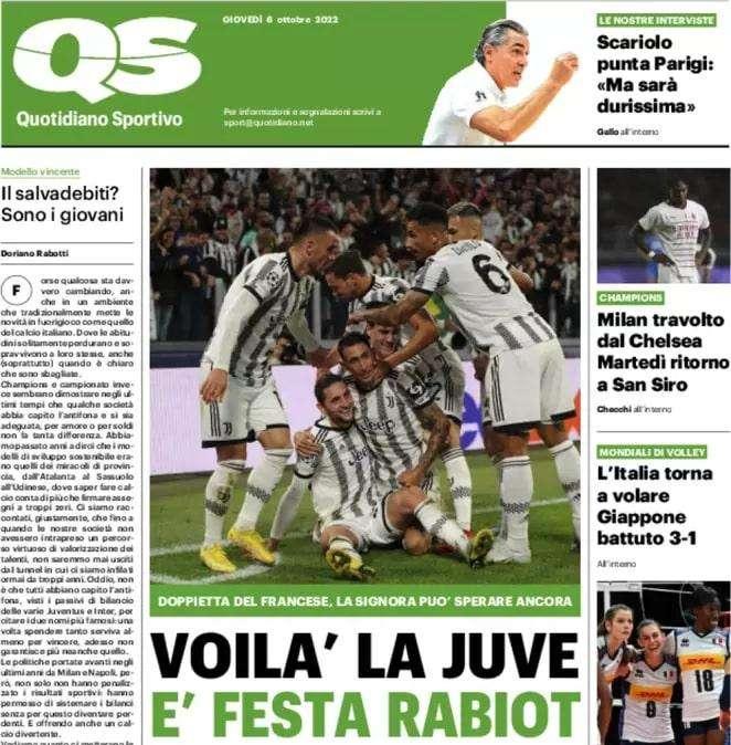 Il QS titola in apertura: "Voilà la Juve. É festa Rabiot". Milan travolto a Londra