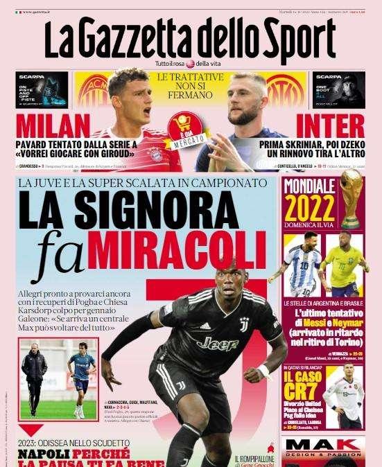 La Gazzetta dello Sport in apertura: "Prima Skriniar, poi Dzeko: un rinnovo tira l'altro"
