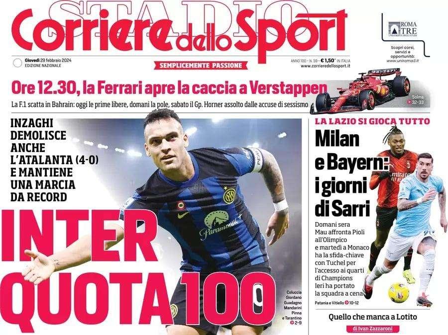 Inzaghi demolisce anche l'Atalanta, l'Inter come la Juve nel 2014: la prima pagina del Corriere dello Sport