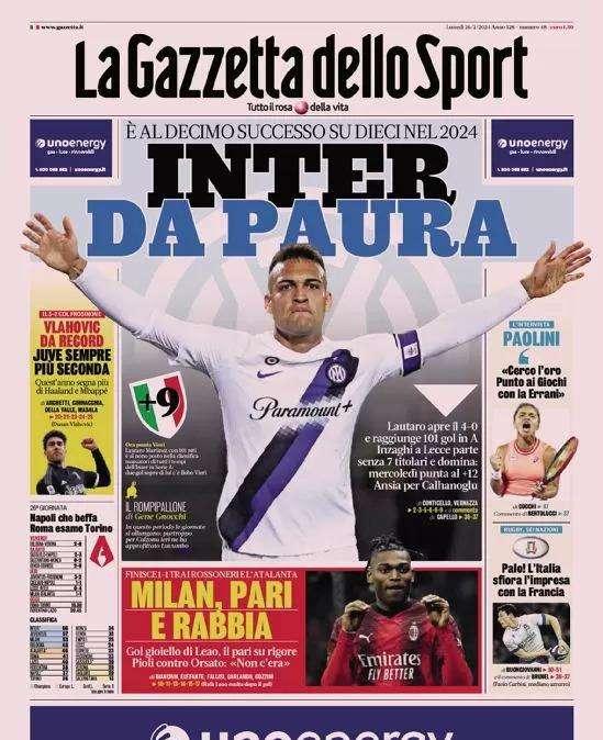 Inter da paura, ma ora c'è ansia per Calhanoglu: la prima pagina della Gazzetta