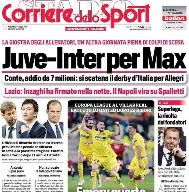 L'apertura del Corriere dello Sport: "Juve-Inter per Max Allegri"