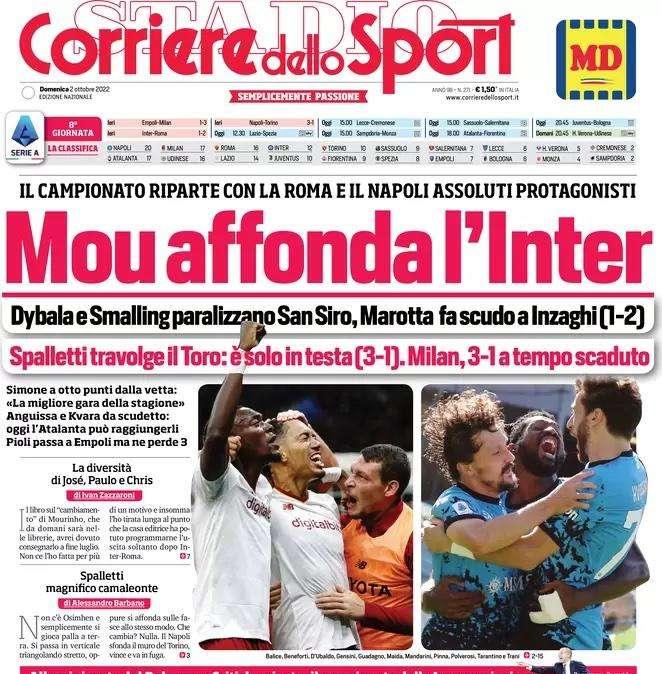 Il Corsport titola: "Mou affonda l'Inter, Marotta fa scudo a Inzaghi"