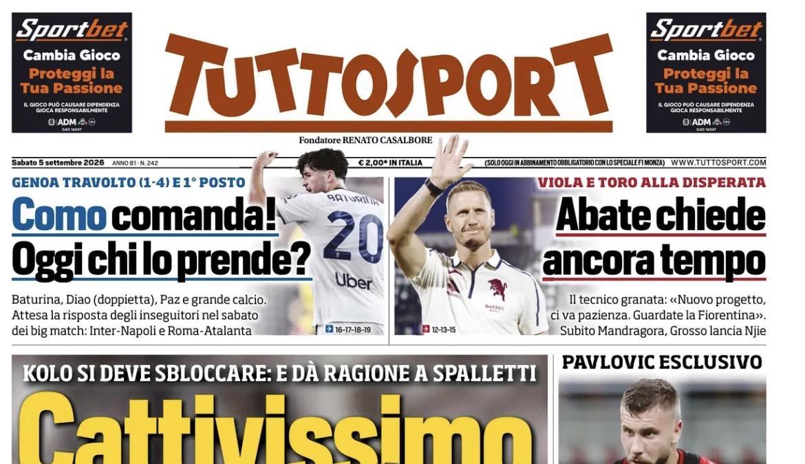 "Cattivissimo me, Como comanda, Abate chiede tempo" la prima pagina di Tuttosport