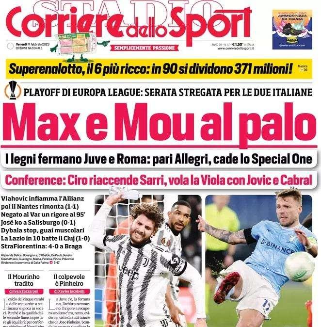 L'apertura del Corriere dello Sport è sulle coppe: "Max e Mou al palo"