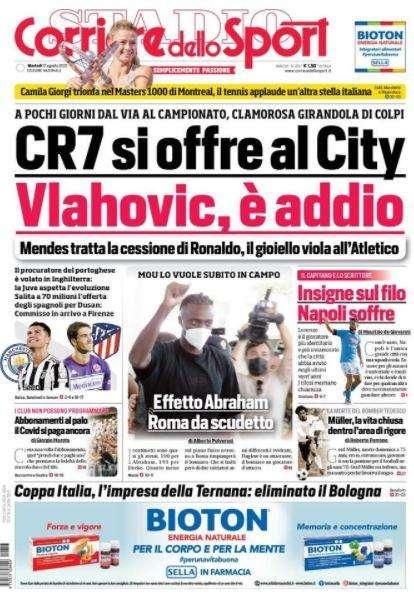 L'apertura del Corriere dello Sport: "CR7 si offre al City. Vlahovic, è addio"