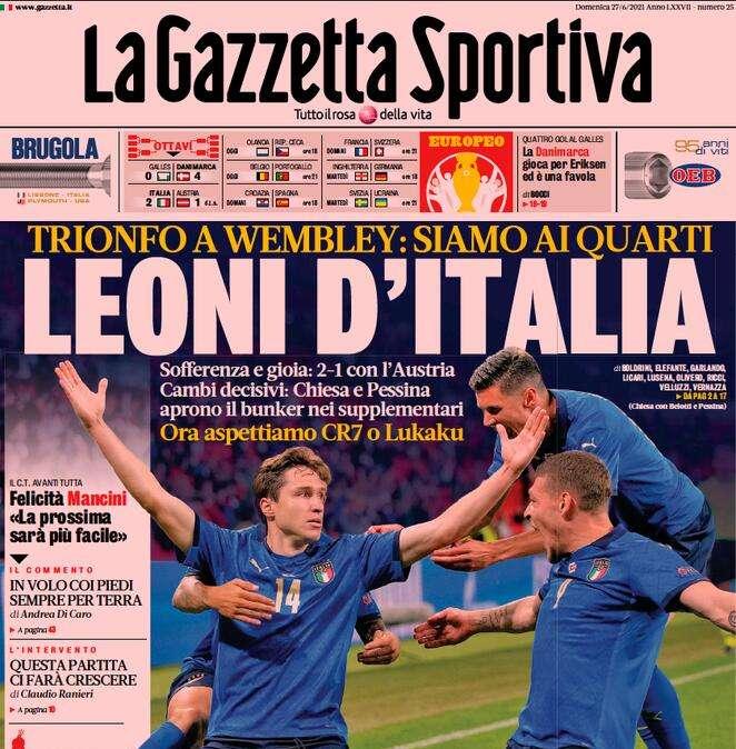 La prima pagina de La Gazzetta dello Sport: "Leoni d'Italia, trionfo a Wembley"