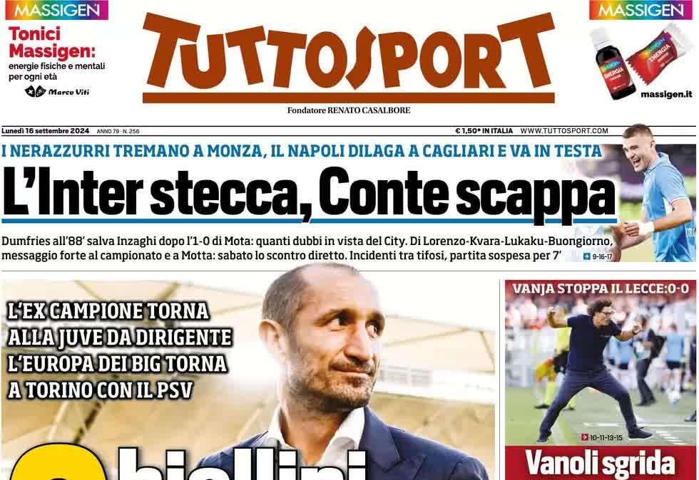 La prima pagina di TuttoSport: "Brutta Inter, rimedia Dumfries"