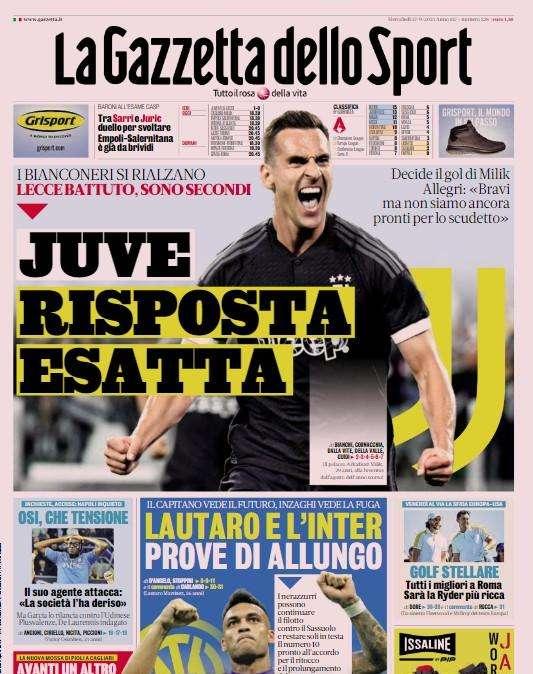La prima pagina della Gazzetta dello Sport: "Lautaro e l'Inter, prove di allungo"