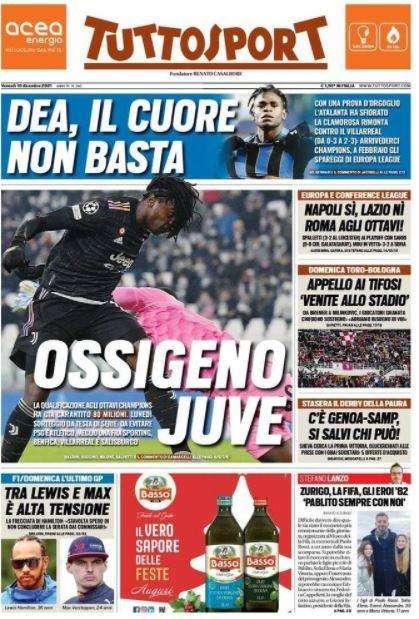 L'apertura di Tuttosport: "Ossigeno Juve. Dea, il cuore non basta"