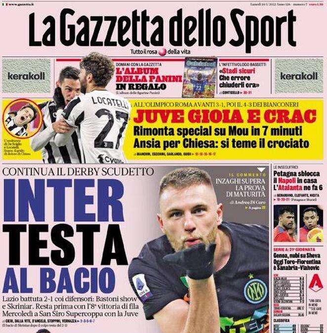 L'apertura de La Gazzetta dello Sport: "Inter testa al bacio"