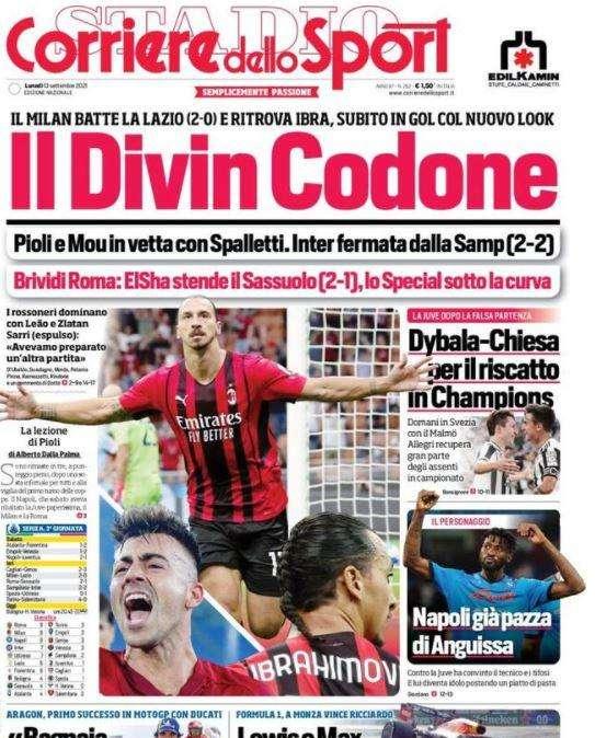 L'apertura del Corriere dello Sport: "Il Dividin Codone". Il Milan batte anche la Lazio