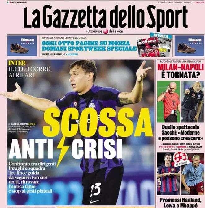 La prima pagina de La Gazzetta dello Sport: "Inter, scossa anti crisi"