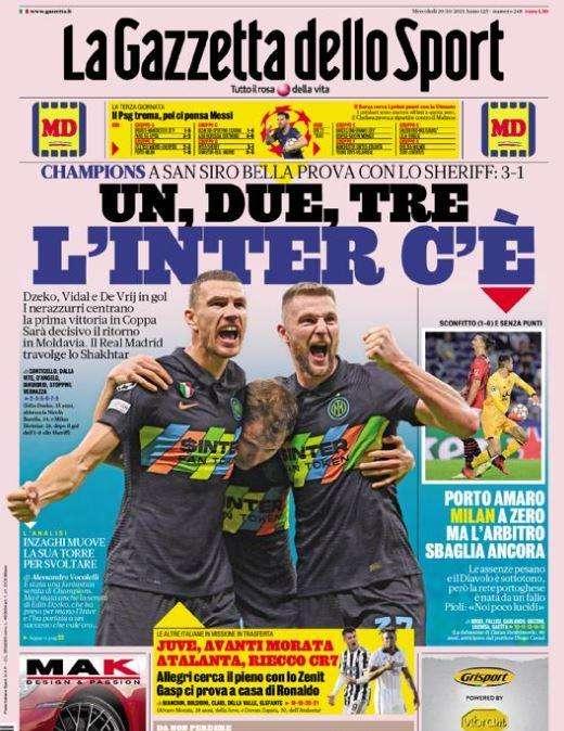 L'apertura della Gazzetta: "Un, due, tre. L'Inter c'è"